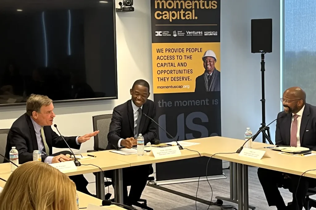 Ellis Carr speaks with Senator Mark Warner and Deputy Treasury Secretary Adeyemo about CDFIs.