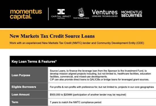 Preview of "Momentus Capital New Markets Tax Credit Source Loans" Fact Sheet (PDF)