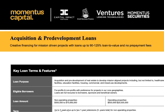 Preview of "Momentus Capital Acquisition & Predevelopment Loans" Fact Sheet (PDF)