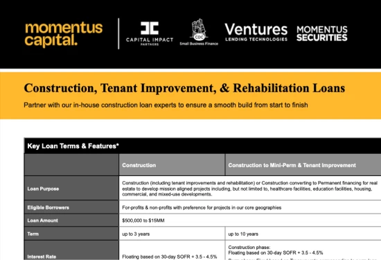 Preview of "Momentus Capital Construction, Tenant Improvement, and Rehabilitation Loans" Fact Sheet (PDF)